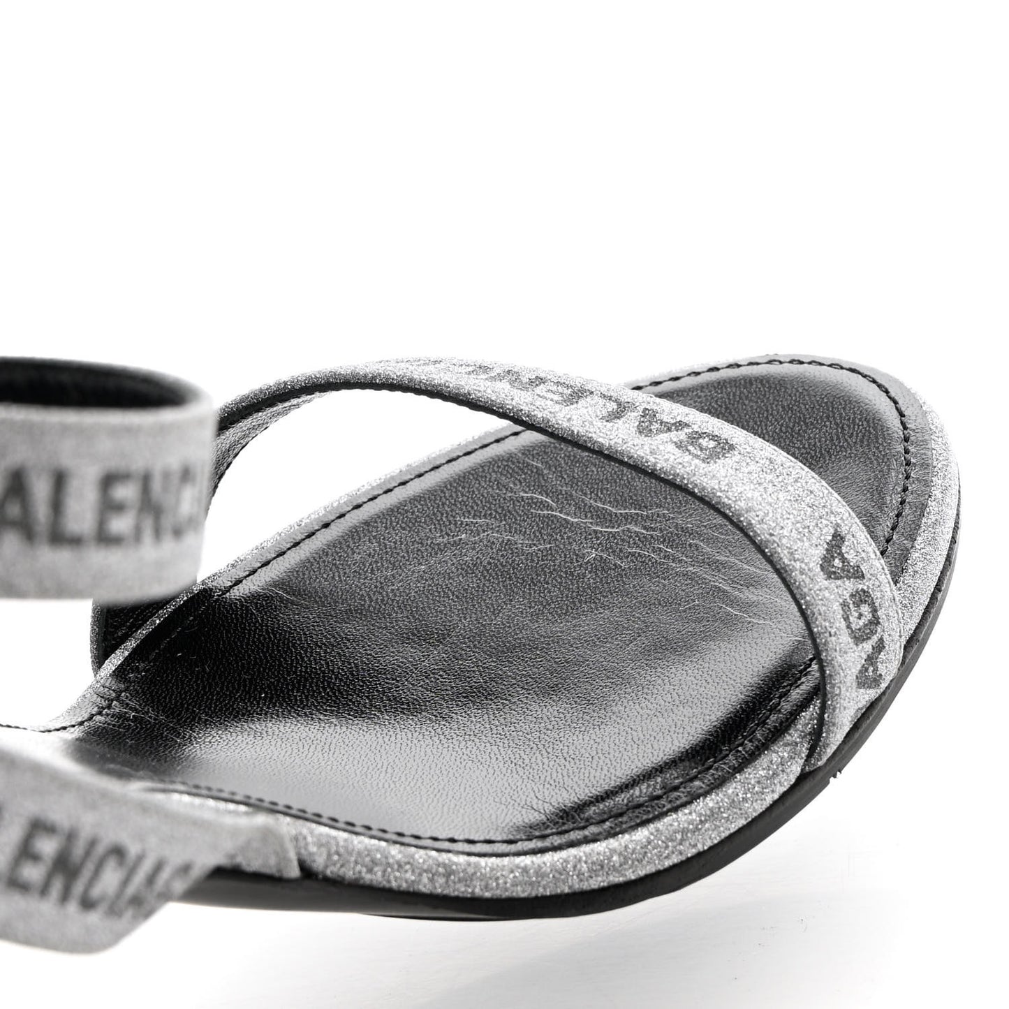 Glitter Allover Logo Ankle Strap Round Heel 80mm Sandals 39 Silver Black