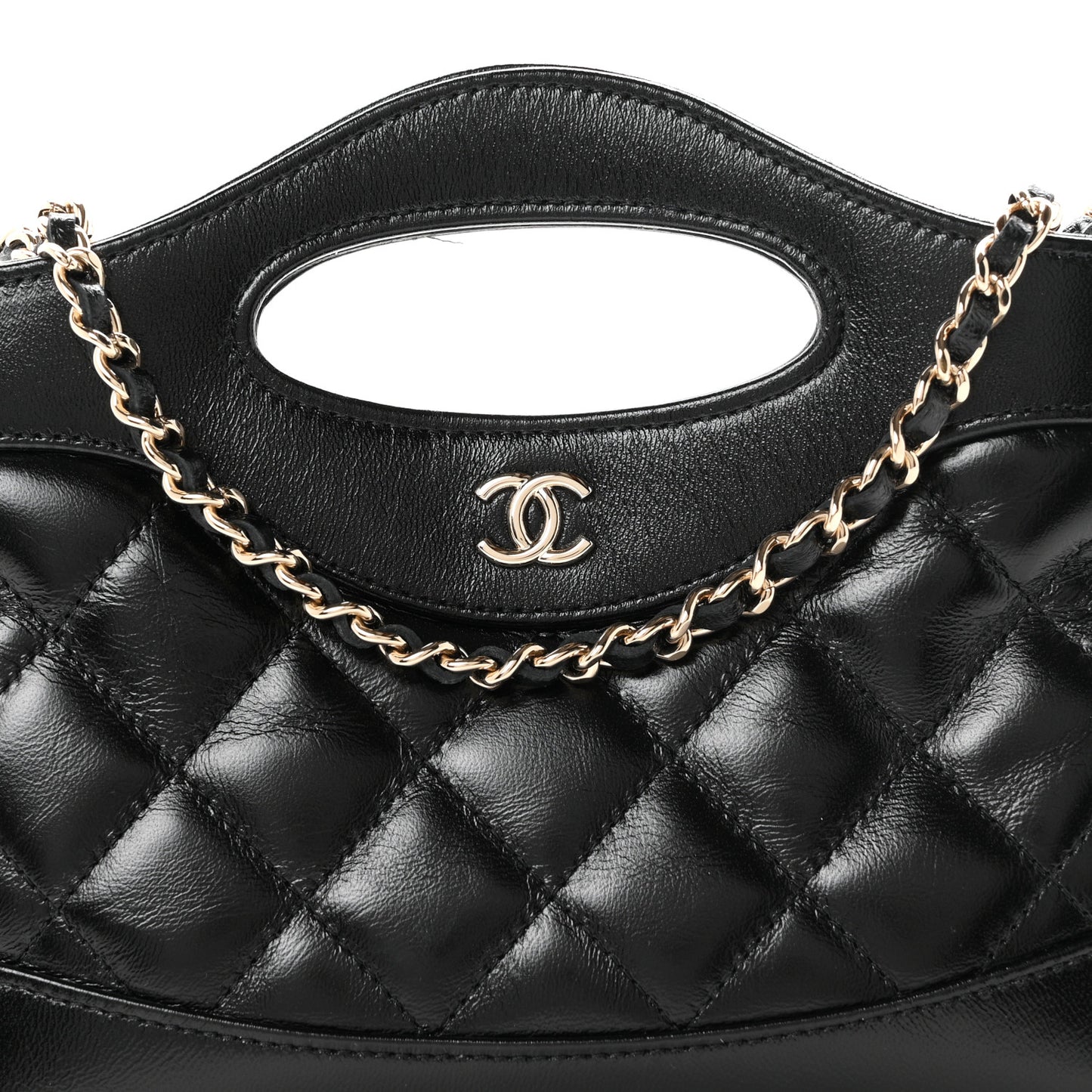 Shiny Crumpled Calfskin Quilted Nano 31 Shopping Bag Black