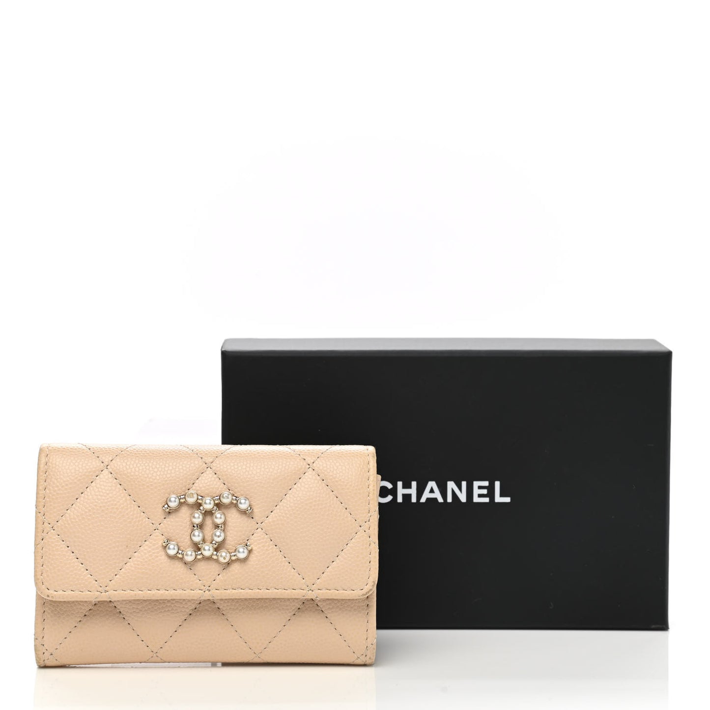 Caviar Pearl Quilted Coco Candy Flap Card Holder Beige