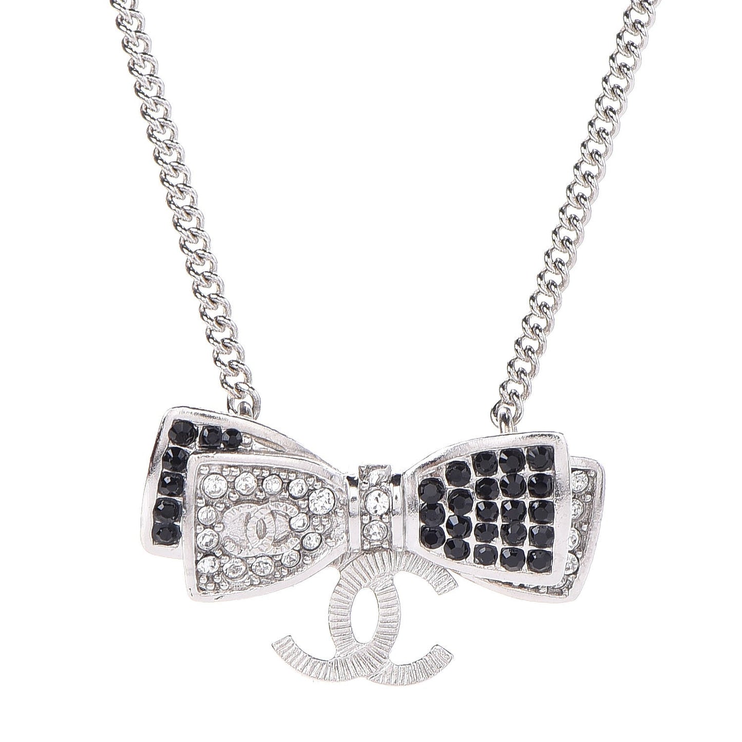 Crystal CC Bow Necklace Silver Black