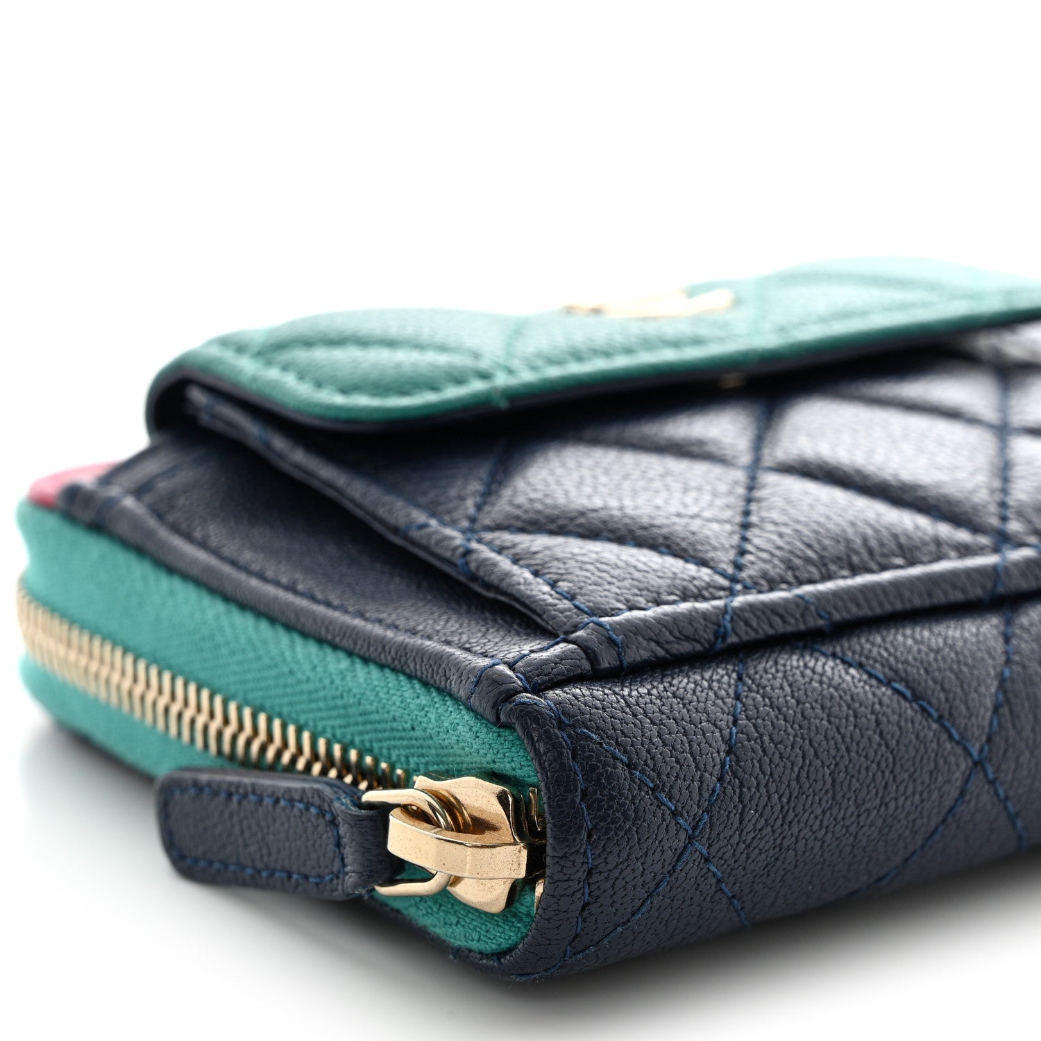 Chanel Goatskin Quilted Tri-Color In & Out Zip Around Wallet Navy Turquoise Pink 10 of 15
