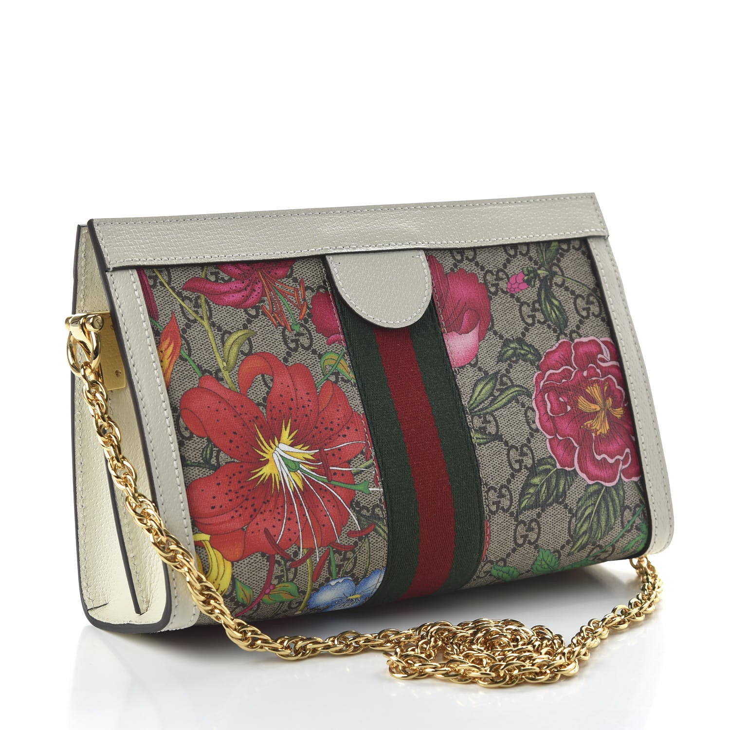 Gucci GG Supreme Monogram Flora Web Small Ophidia Chain Shoulder Bag White 3 of 11