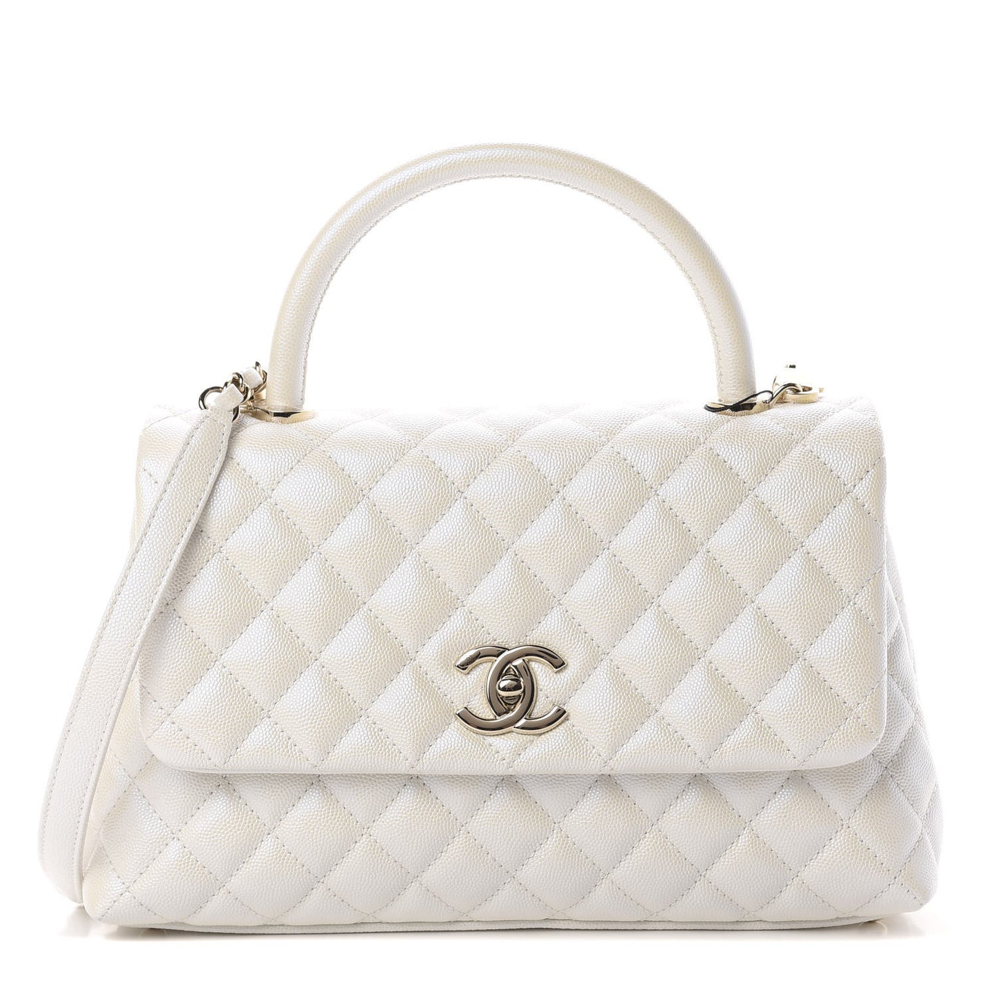 Iridescent Caviar Quilted Small Coco Handle Flap White