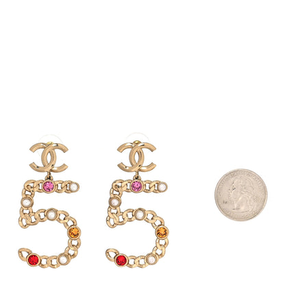 Chanel Pearl Crystal Chain CC No 5 Drop Earrings Gold Pink Red Orange 2 of 5