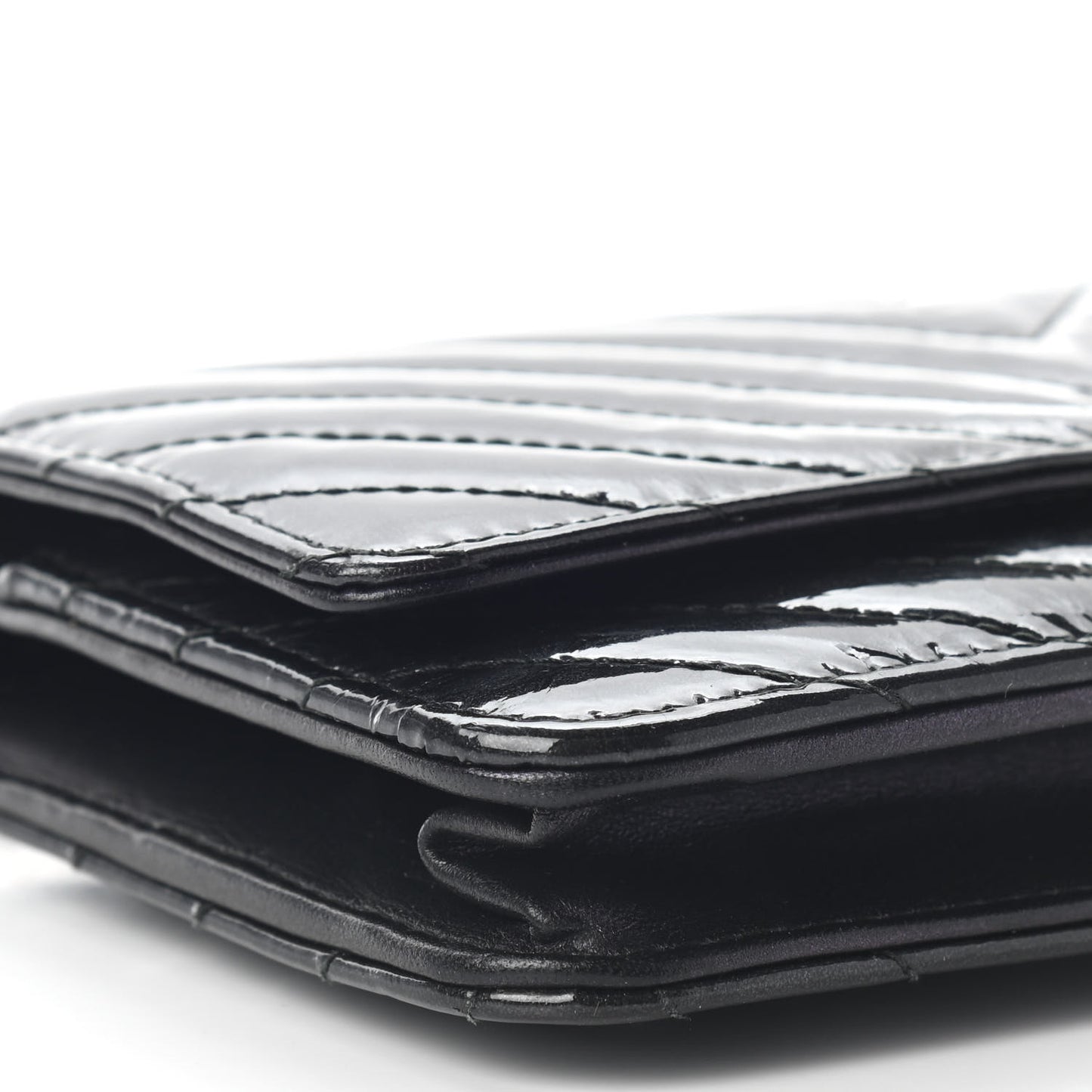 Patent Metallic Crumpled Calfskin Chevron Quilted Wallet On Chain WOC Black