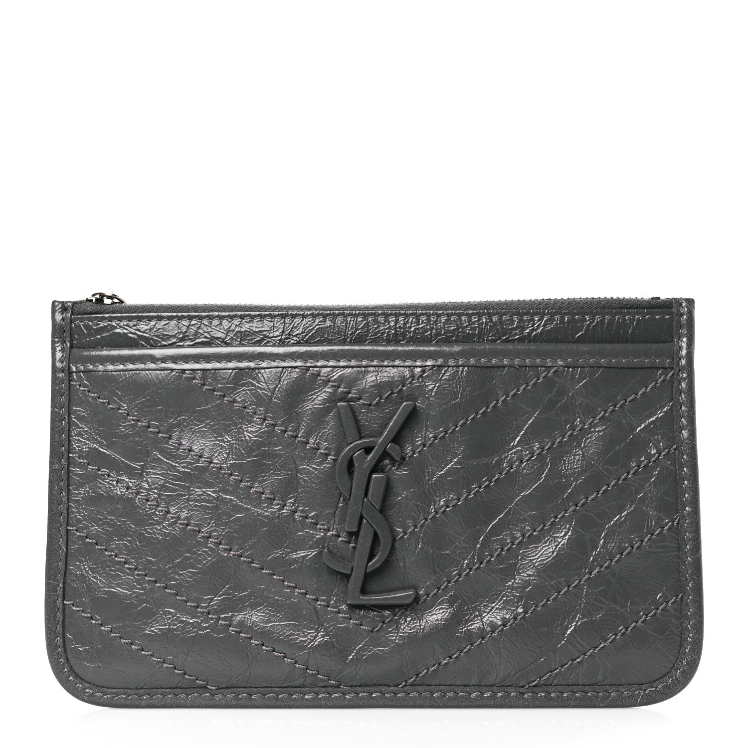 Saint Laurent Crinkled Calfskin Matelasse Monogram Niki Bill Pouch Storm 1 of 9