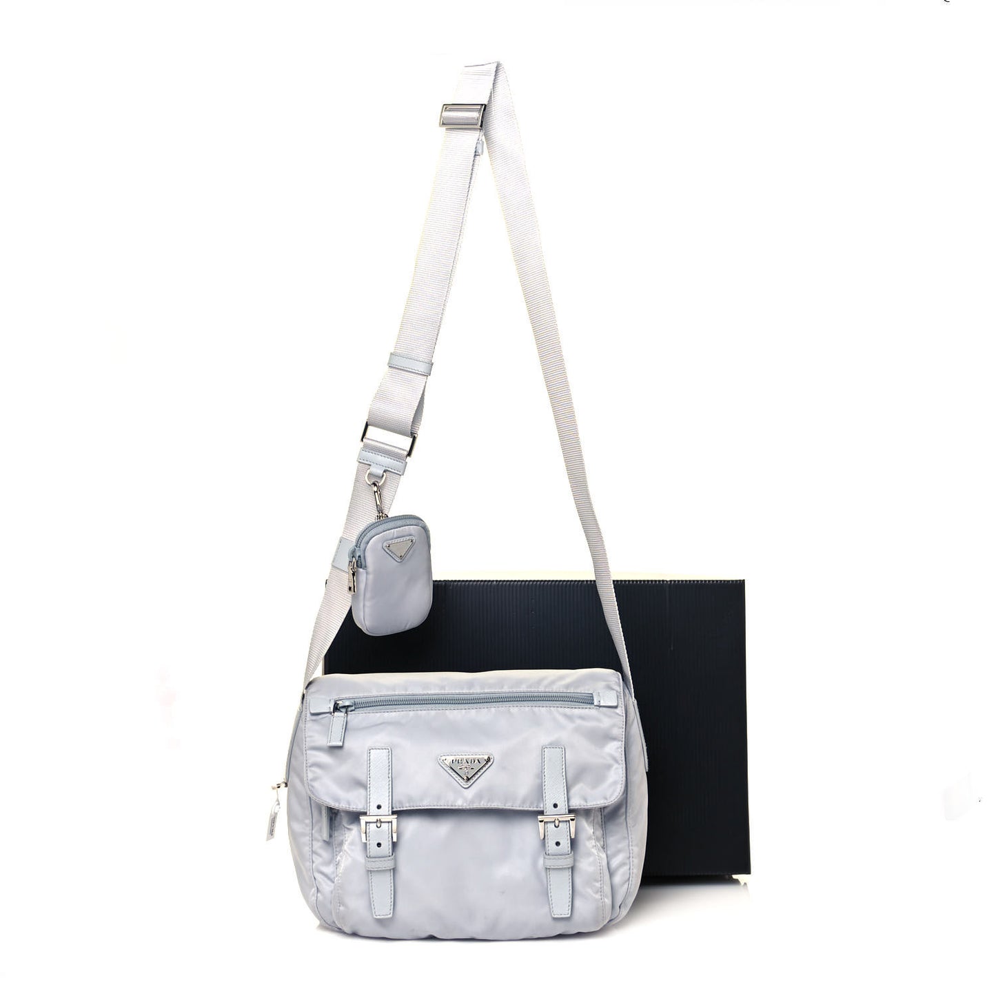 Re-Nylon Vela Saffiano Pocket Double Buckle Messenger Shoulder Bag Fiordaliso