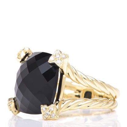 David Yurman 18K Yellow Gold Diamond Onyx 15mm Cushion On Point Ring 54 7 3 of 5