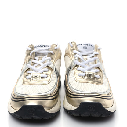 Chanel Fabric Laminated Calfskin Stretch CC Sneakers 38 White Gold Silver 2 of 10