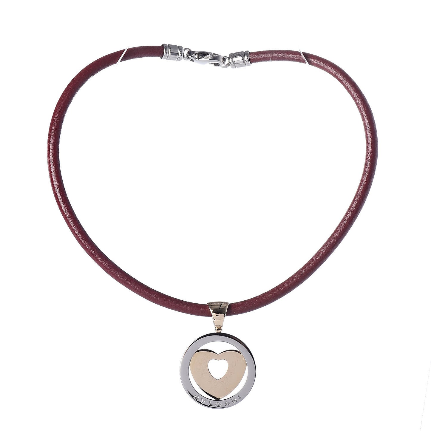 Stainless Steel 18K Yellow Gold Calfskin Tondo Heart Pendant Necklace Brown