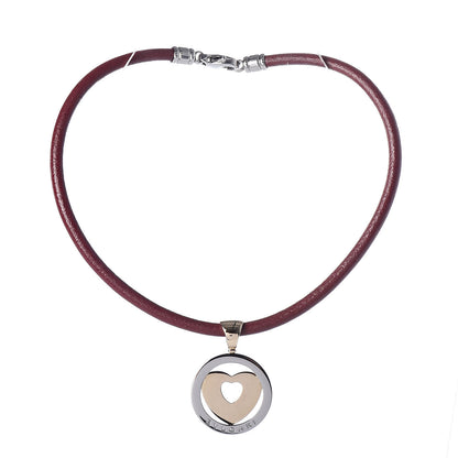 Bulgari Stainless Steel 18K Yellow Gold Calfskin Tondo Heart Pendant Necklace Brown 3 of 7
