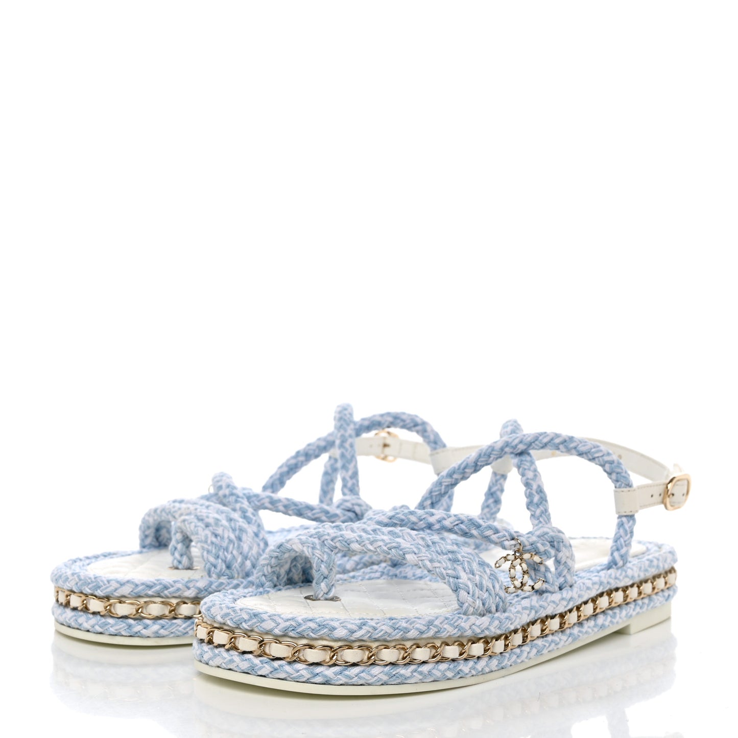 Lambskin Cord Chain CC Sandals 38 Blue White
