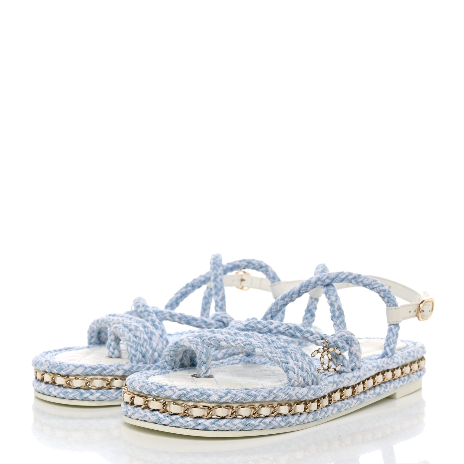 Chanel Lambskin Cord Chain CC Sandals 38 Blue White 3 of 10