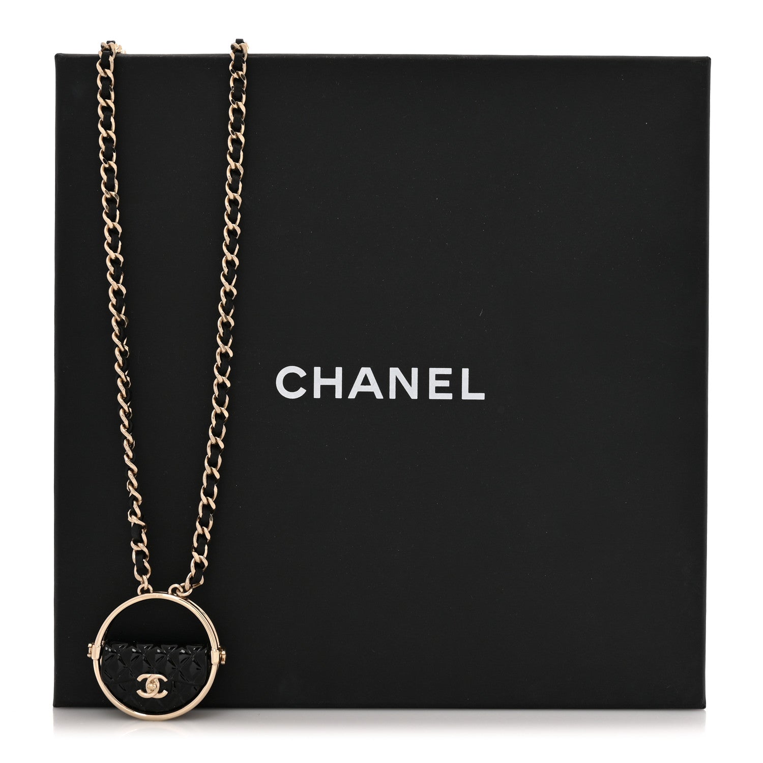 Chanel Metal Resin Quilted Flap Bag Hoop Mirror Necklace Black Gold 5 of 5