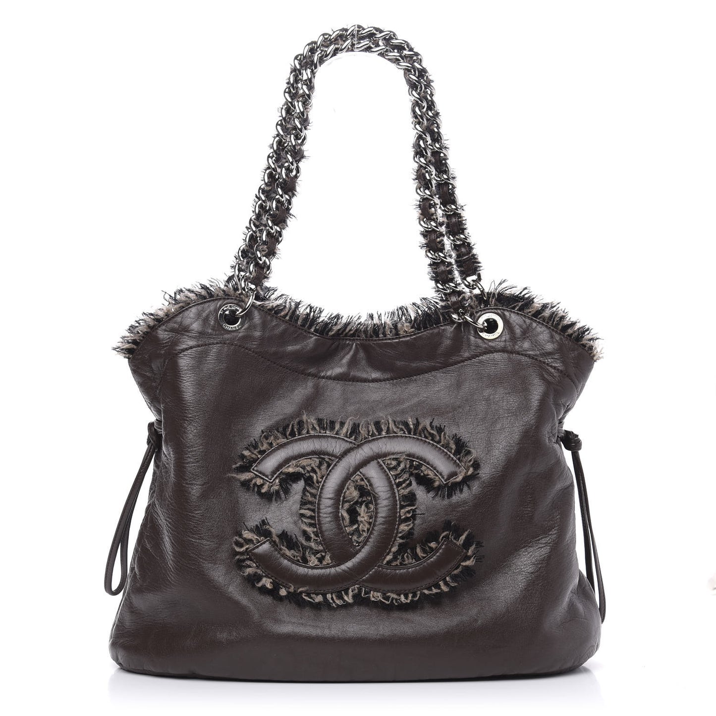 Tweed Lambskin Drawstring Tweedy Tote Brown