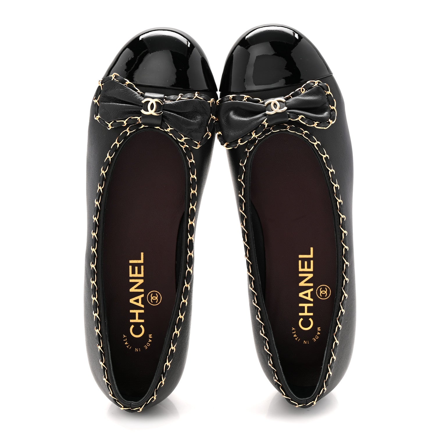 Chanel Lambskin Patent Cap Toe Chain Around Ballerina Flats 36