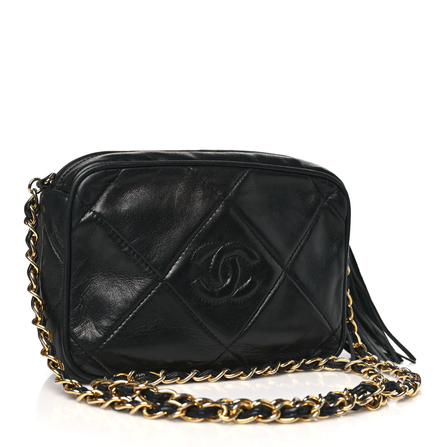 Lambskin Quilted CC Tassel Camera Case Black