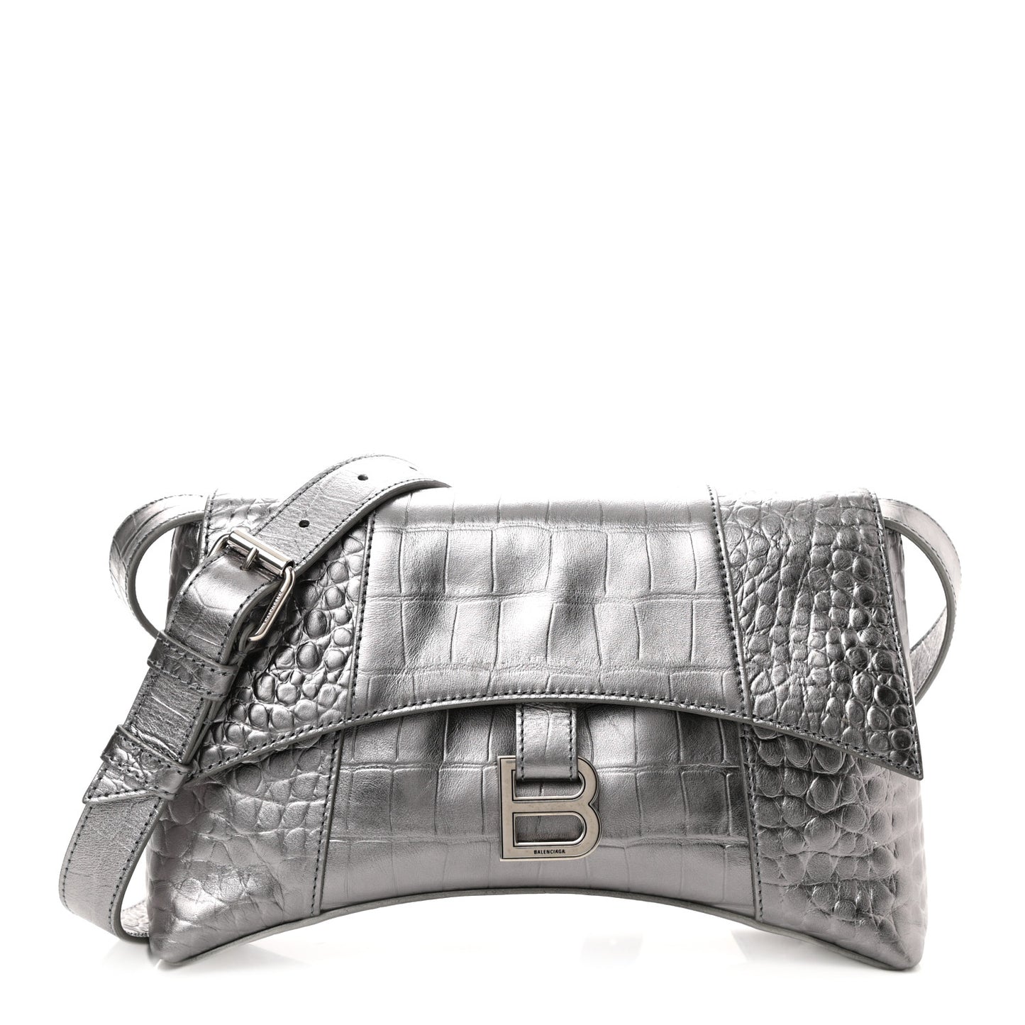 Metallic Calfskin Crocodile Embossed XS Downtown Shoulder Bag Silver