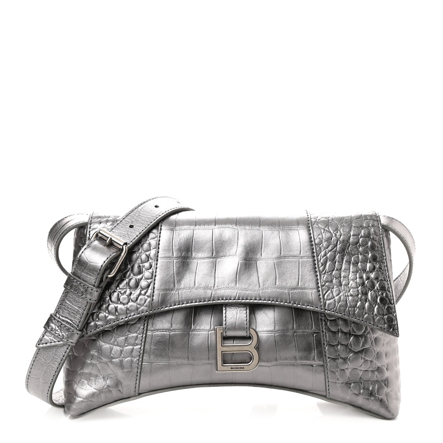 Balenciaga Metallic Calfskin Crocodile Embossed XS Downtown Shoulder Bag Silver 1 of 9