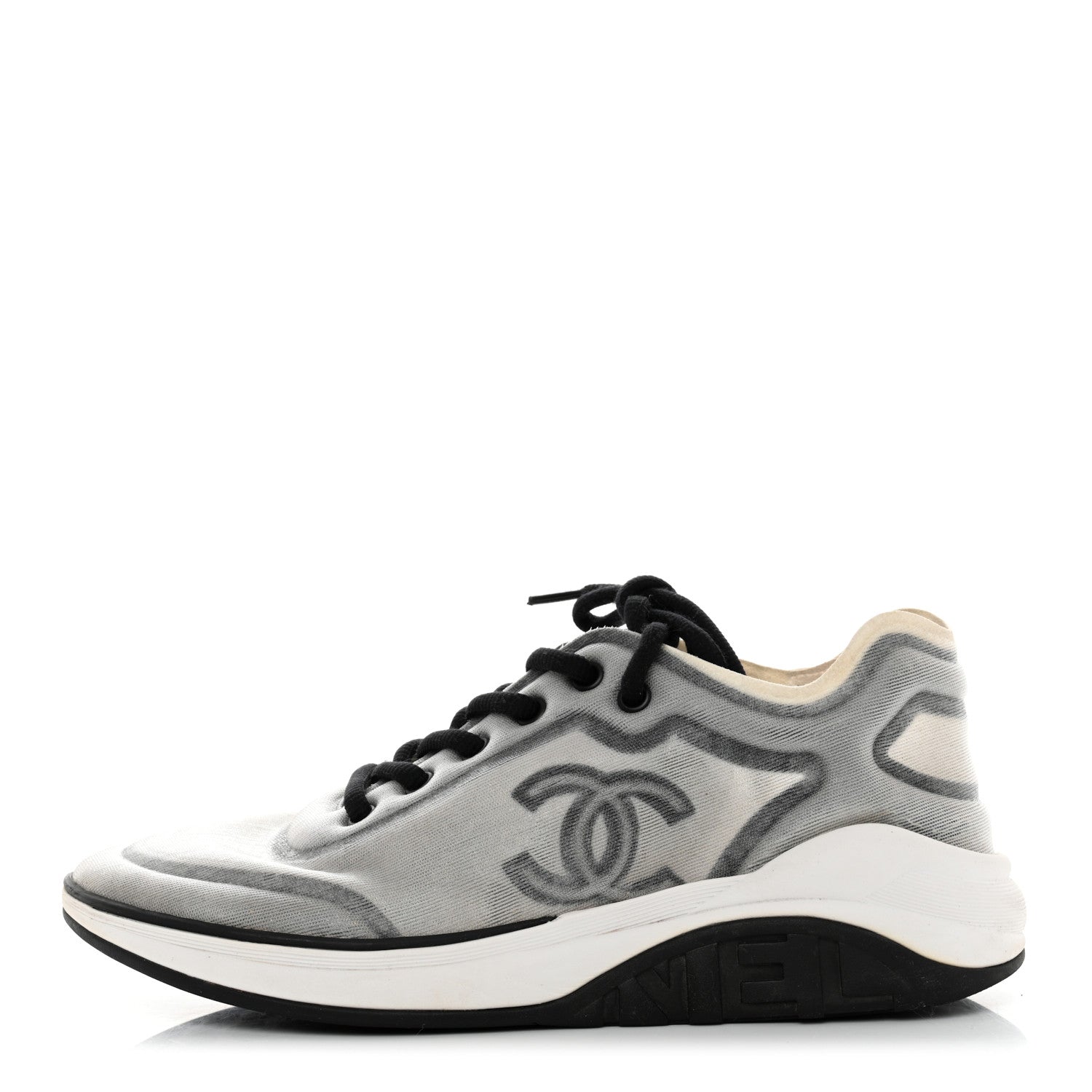 Chanel Calfskin Mesh Lycra Womens Logo Sneakers 39.5 White Grey 1 of 8