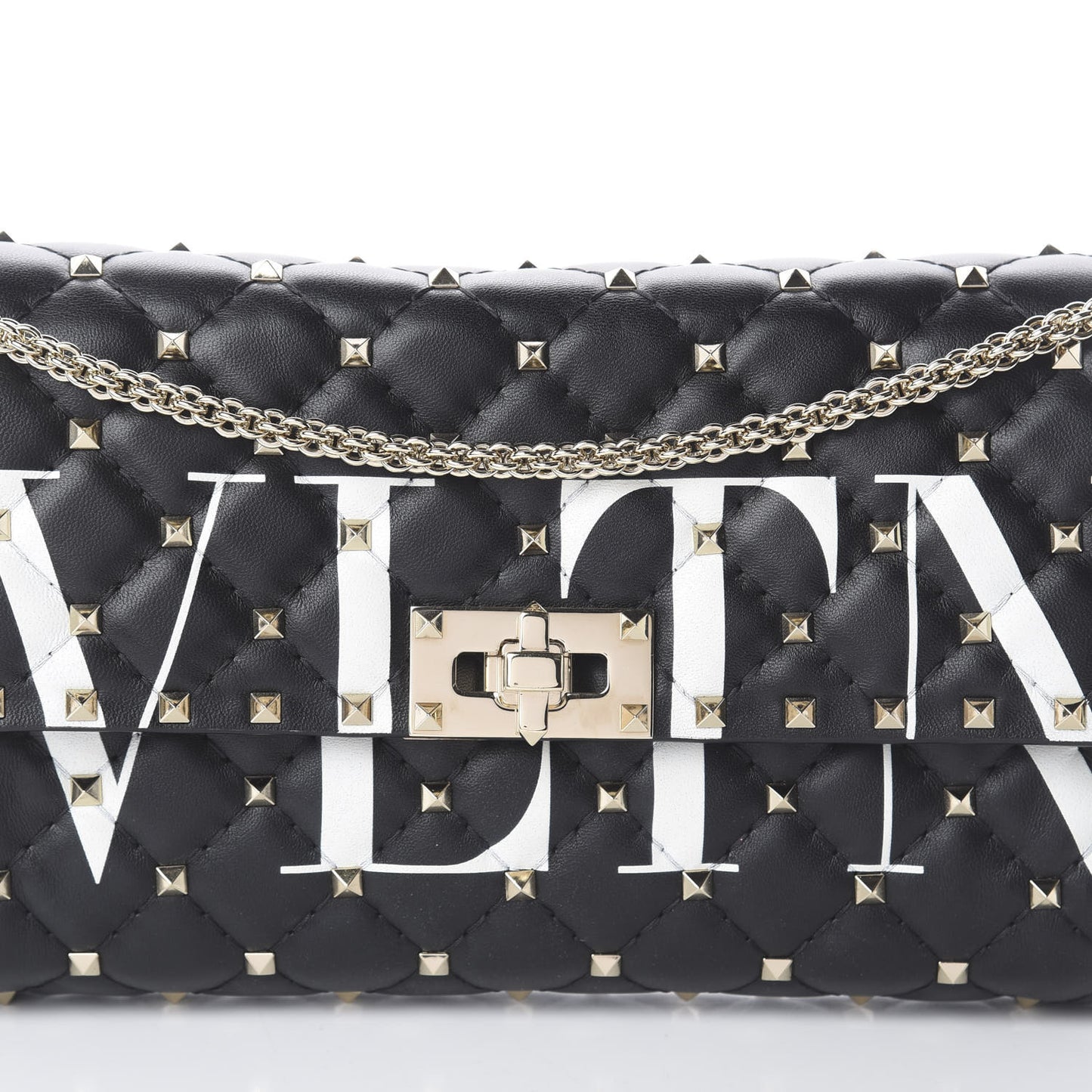 Lambskin VLTN Print Rockstud Spike Wallet On Chain Black