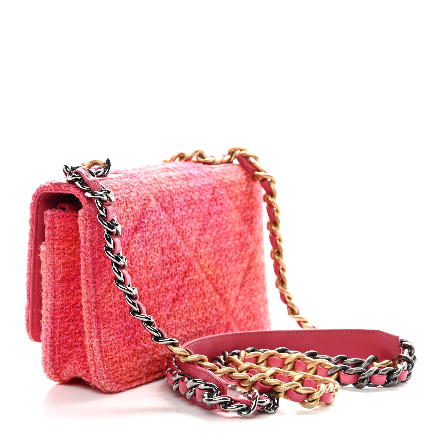 Chanel Wool Tweed Lambskin Quilted Chanel 19 Wallet On Chain WOC Coral Pink 3 of 11