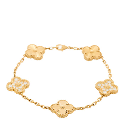 Van Cleef & Arpels 18K Yellow Gold Diamond 5 Motifs Guilloche Vintage Alhambra Bracelet 2 of 7