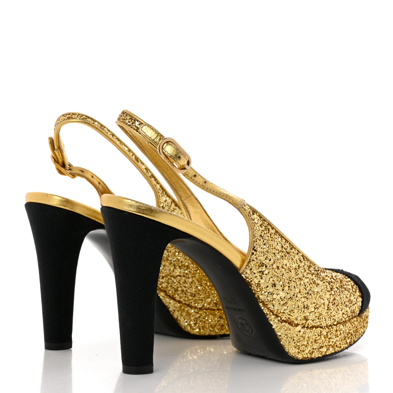 Chanel Glitter Grosgrain Cap Toe CC Slingback Pumps 37.5 Gold Black 4 of 9