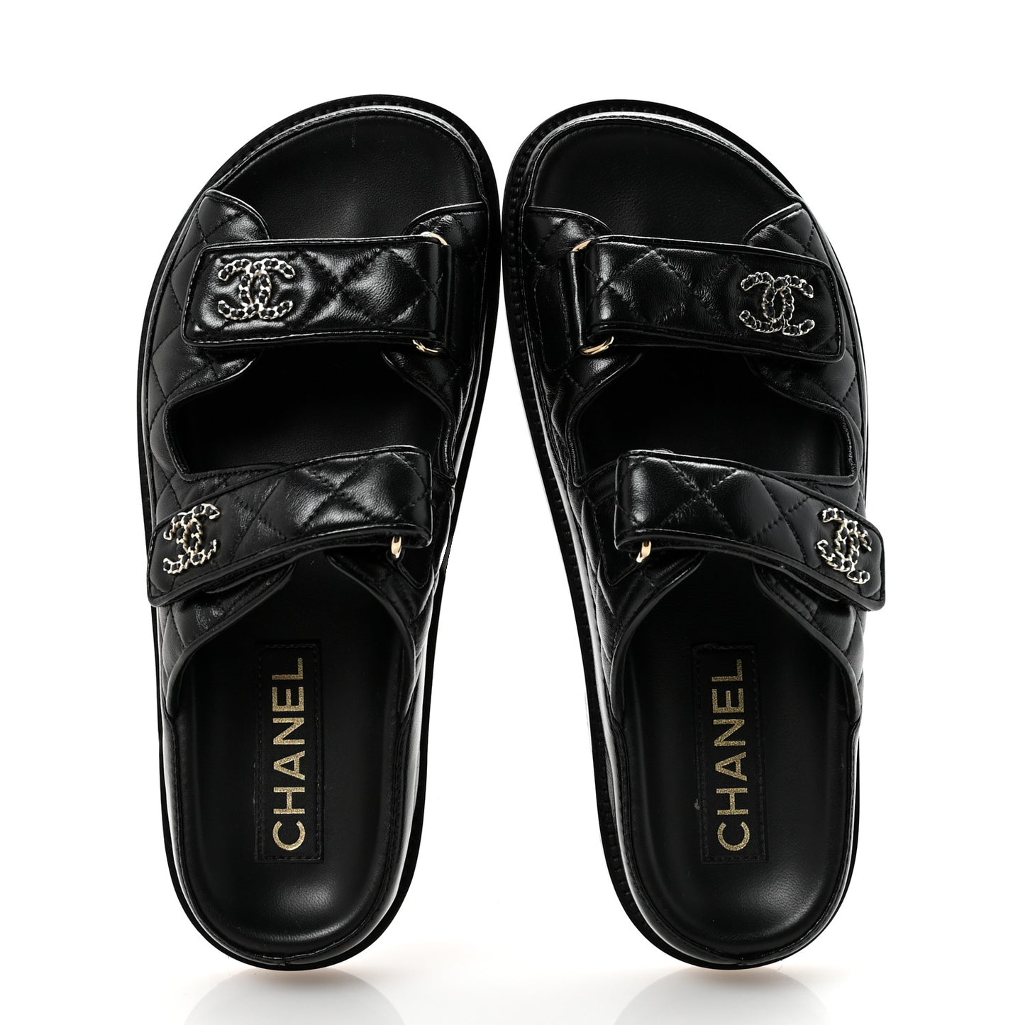 Lambskin Quilted Velcro Dad Chain CC Slide Sandals 36.5 Black