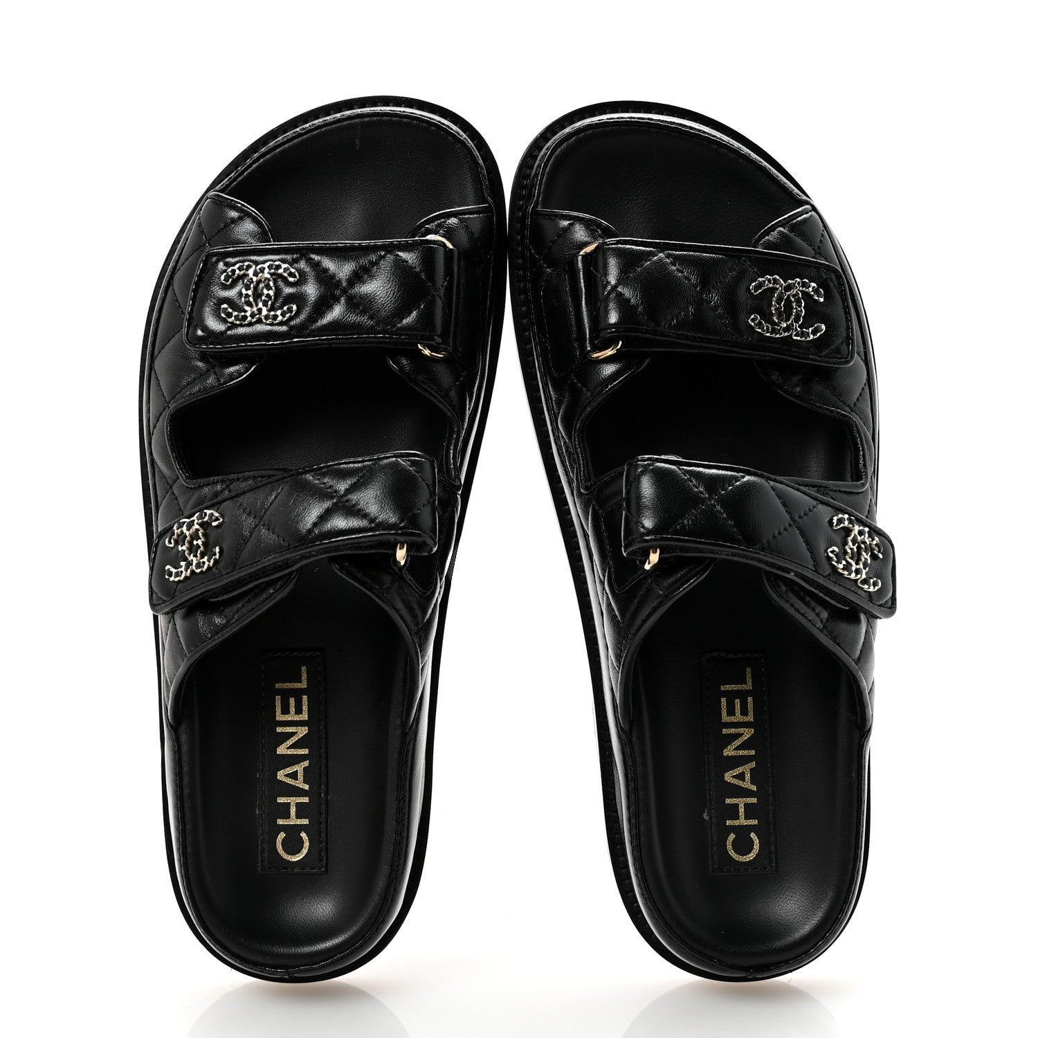 Chanel Lambskin Quilted Velcro Dad Chain CC Slide Sandals 36.5 Black 2 of 7