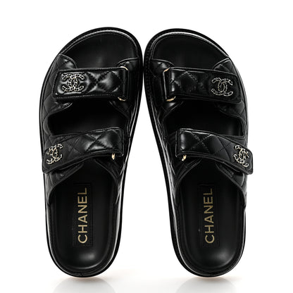 Chanel Lambskin Quilted Velcro Dad Chain CC Slide Sandals 36.5 Black 2 of 7