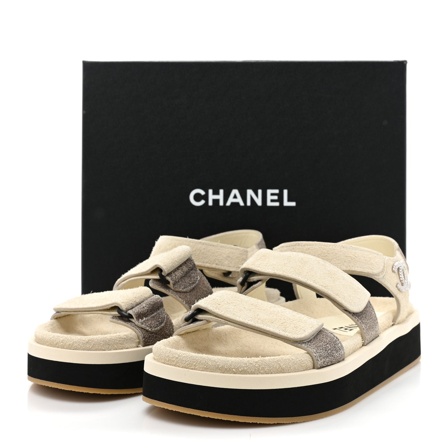 Suede Calfskin Velcro Flat Sandals 39 Ecru Dark Beige