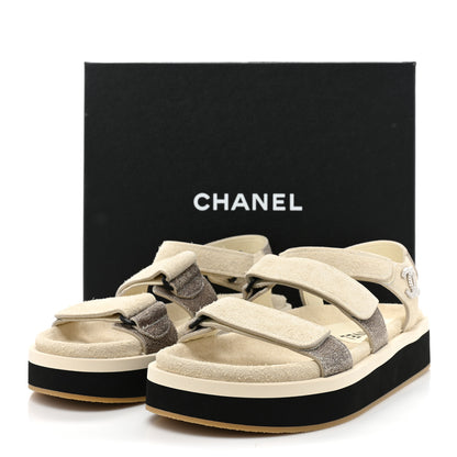 Chanel Suede Calfskin Velcro Flat Sandals 39 Ecru Dark Beige 9 of 9