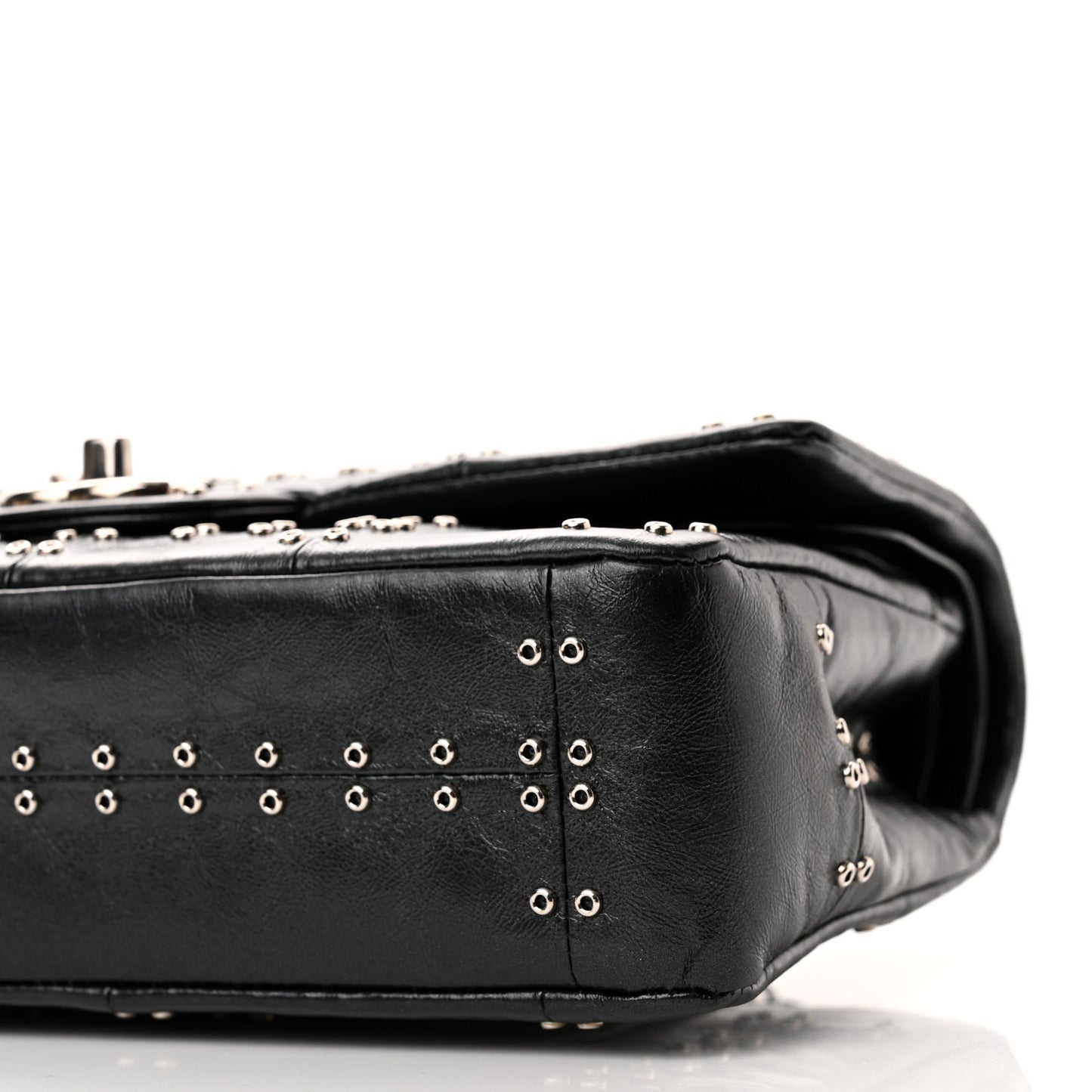 Glazed Calfskin Grommet Embellished Medium Airline Double Flap Black