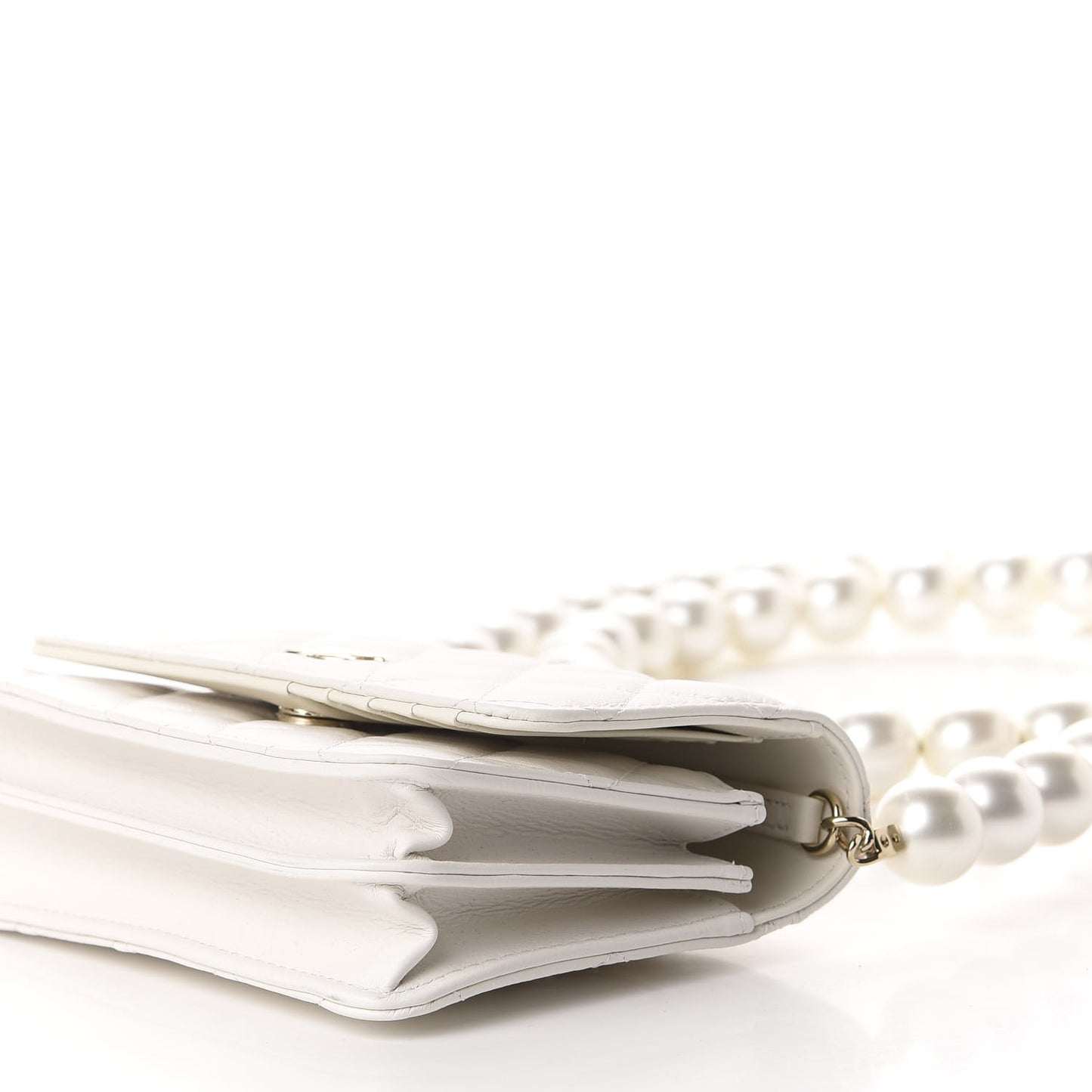 Calfskin Quilted CC Pearl Mini Wallet On Chain Flap White