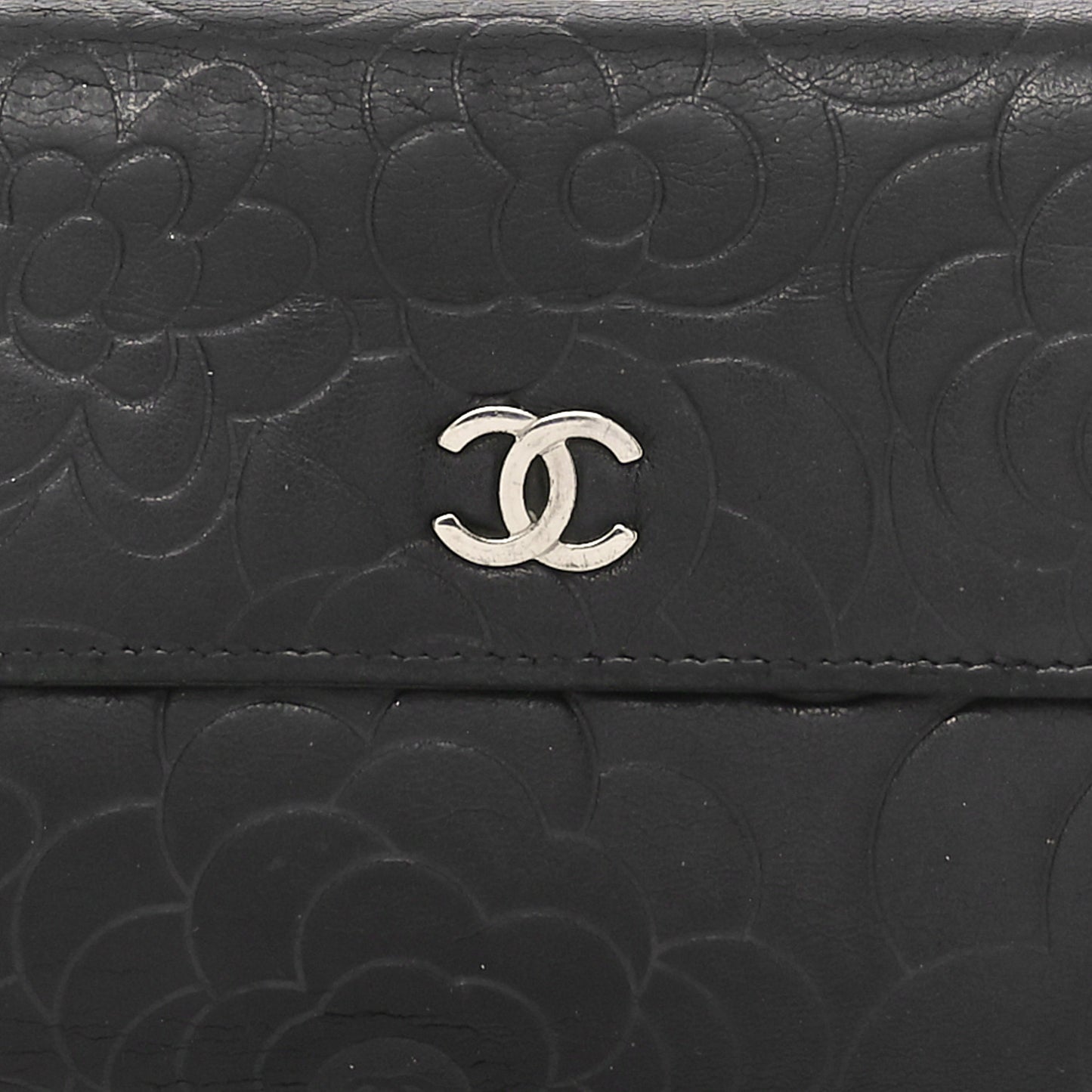 Lambskin Camellia Embossed Large Gusset Flap Wallet Black