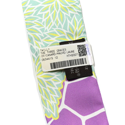 Hermes Silk The Three Graces Twilly Canard Mauve Jaune Fluo 3 of 4