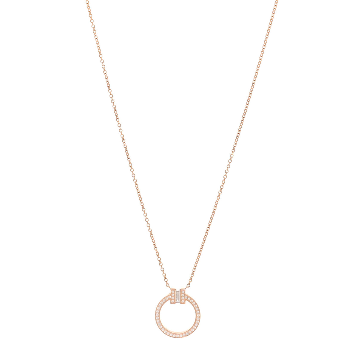 Tiffany 18K Rose Gold Diamond T Baguette Pave Pendant Necklace 1 of 6