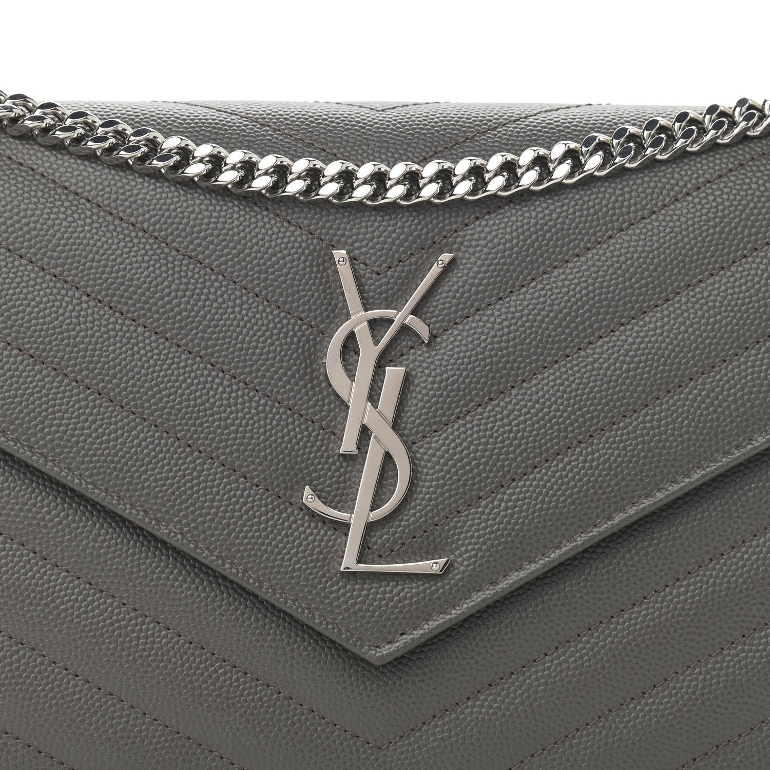 Saint Laurent Grain De Poudre Matelasse Chevron Monogram Chain Wallet Grey 8 of 10