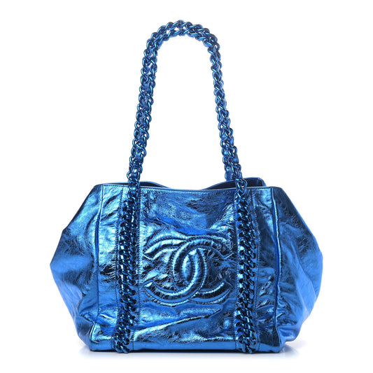 Metallic Cracked Calfskin Modern Chain Tote Blue