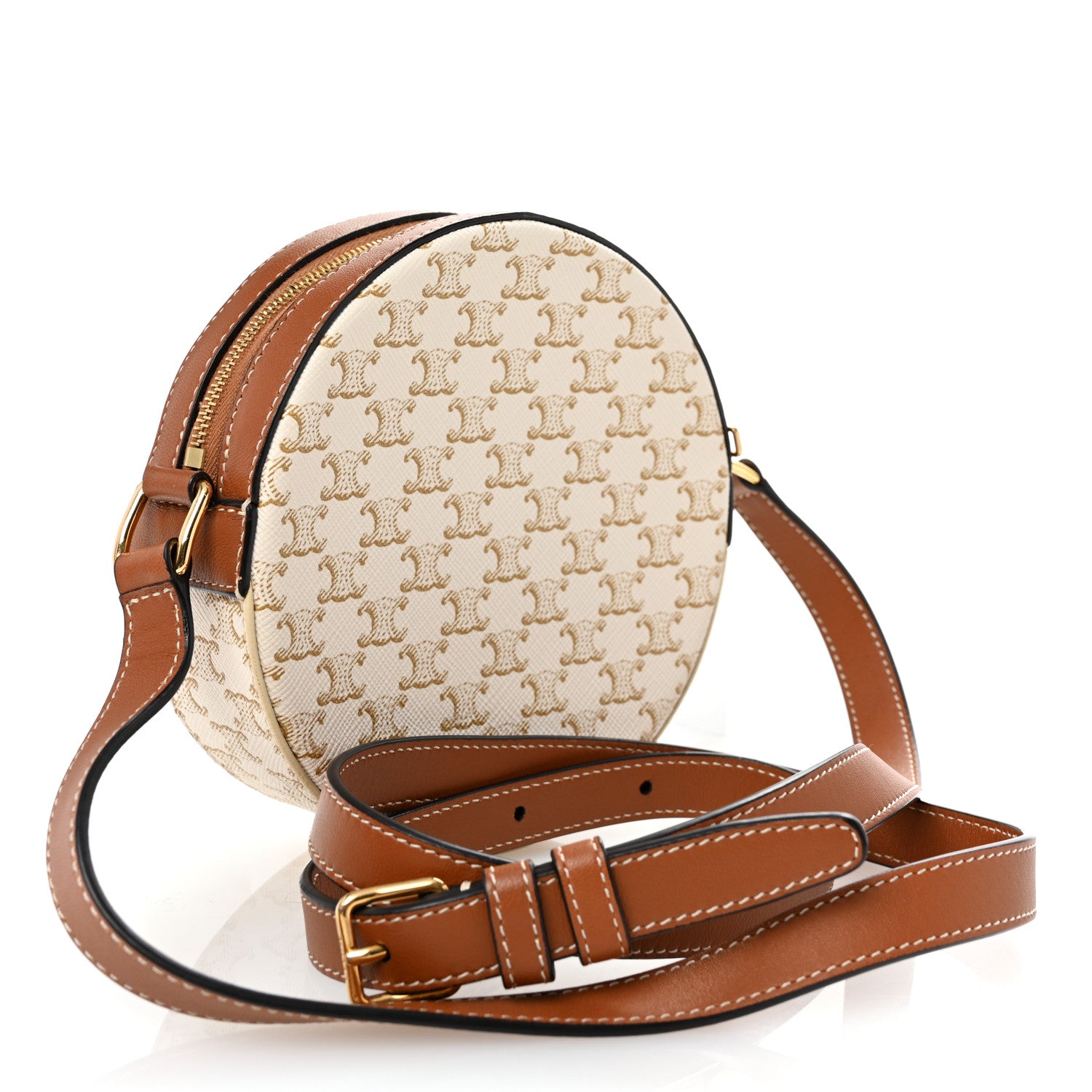 Celine Lambskin Triomphe Canvas Round Purse On Strap White Tan 3 of 10