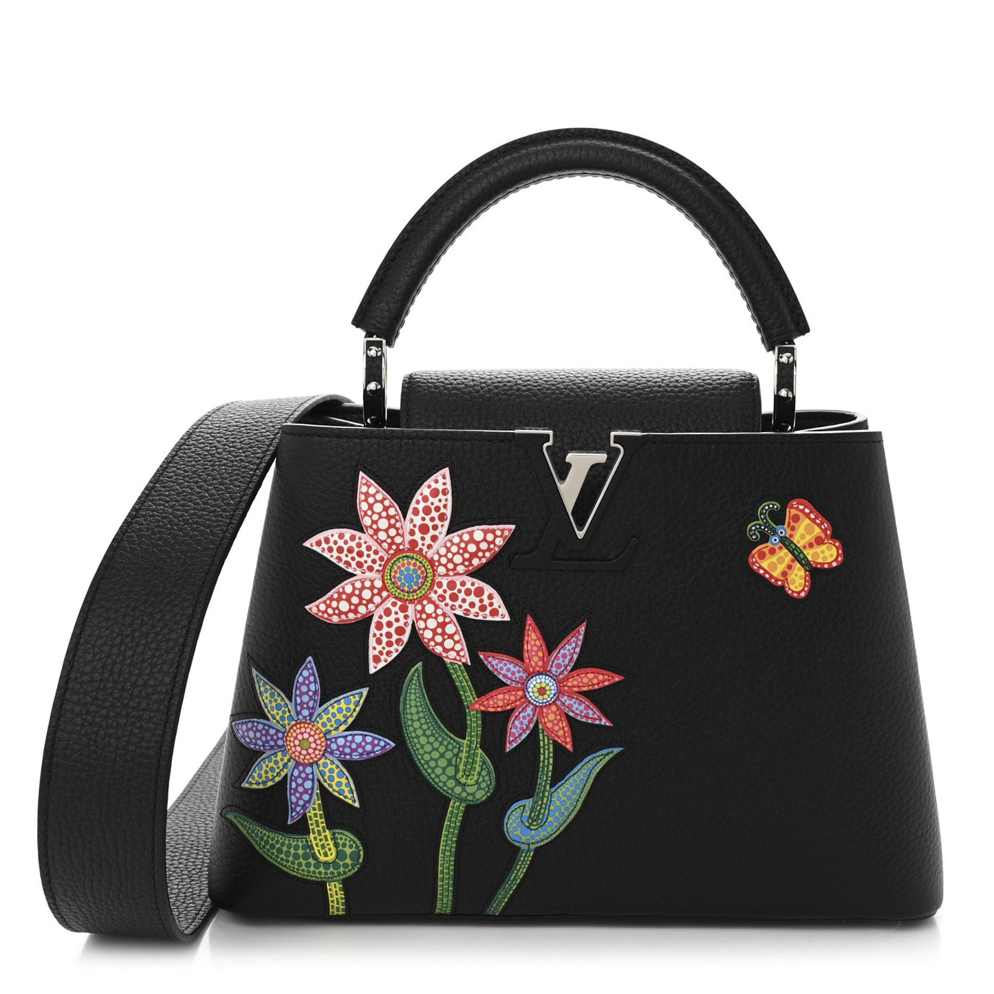 LV X YK Taurillon Inlaid Kusama Flowers Capucines BB Black