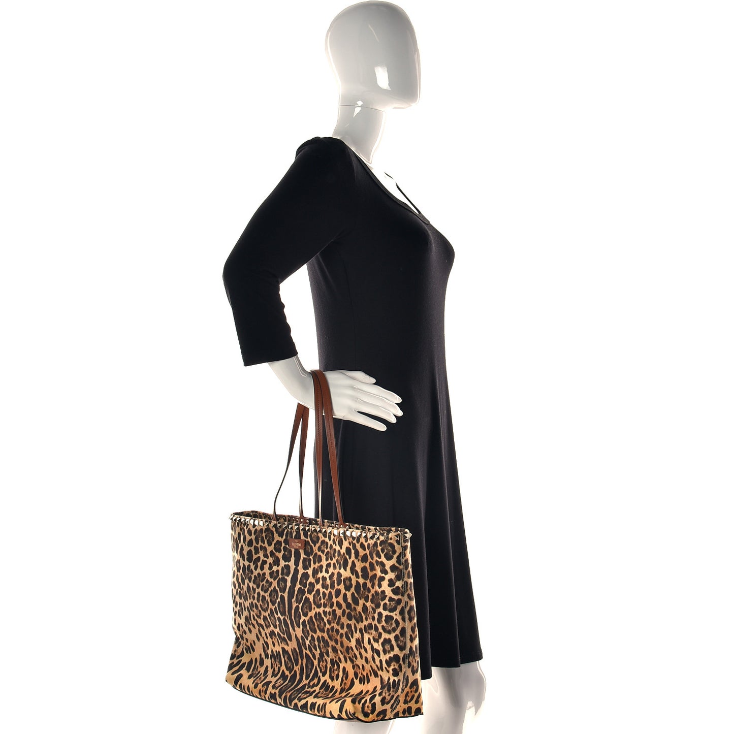 Canvas Nappa Leopard Print Rockstud Tote Brown