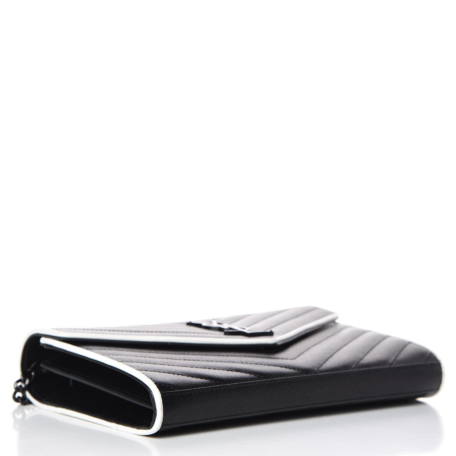 Saint Laurent Grain De Poudre Matelasse Chevron Monogram Chain Wallet Black White 4 of 8