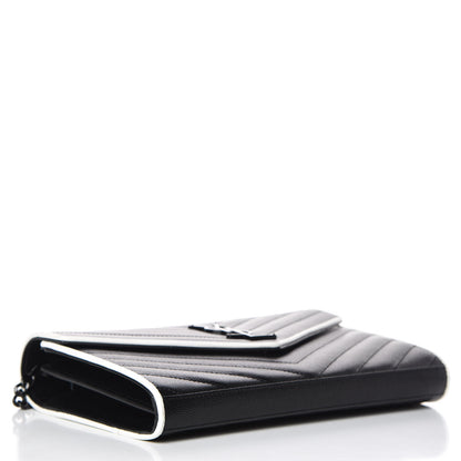 Saint Laurent Grain De Poudre Matelasse Chevron Monogram Chain Wallet Black White 4 of 8