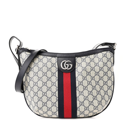 Gucci GG Supreme Monogram Textured Dollar Calfskin Web Small Ophidia Half Moon Hobo Beige Blue 1 of 10