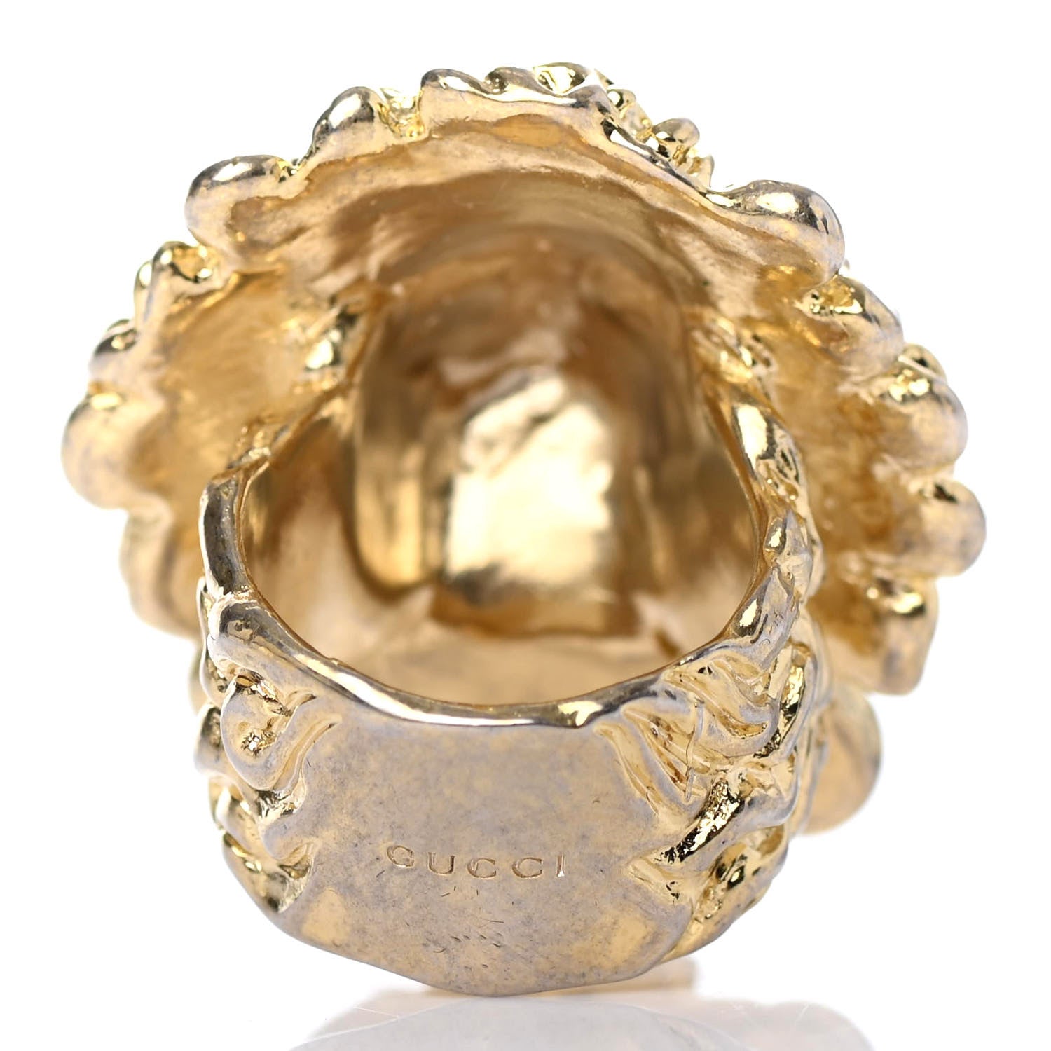 Gucci Metal Crystal Lion Head Ring Green 8.25 Aged Gold 2 of 4