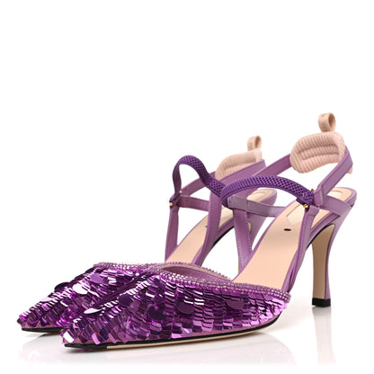 Fendi Organza Sequin Paillettes Colibri Lite 85mm Slingback Pumps 37 Nudo Agapantus 3 of 8
