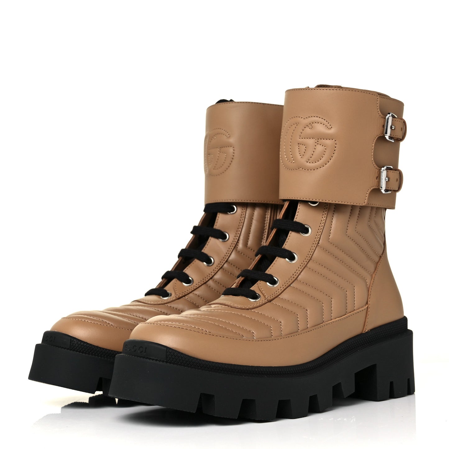 Nappa Frances GG Matelasse Platform Combat Boots 37.5 Natural Tan