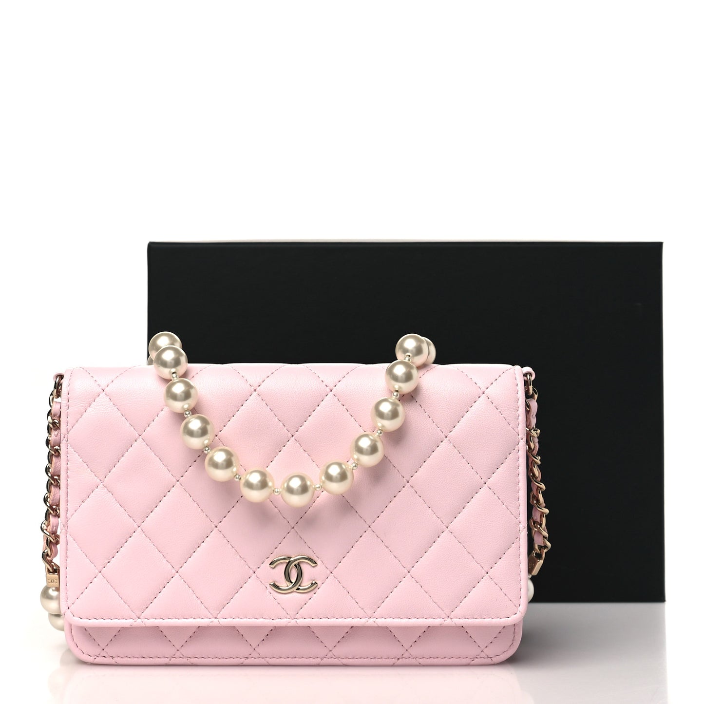 Lambskin Quilted Pearl Wallet On Chain WOC Pink Pink